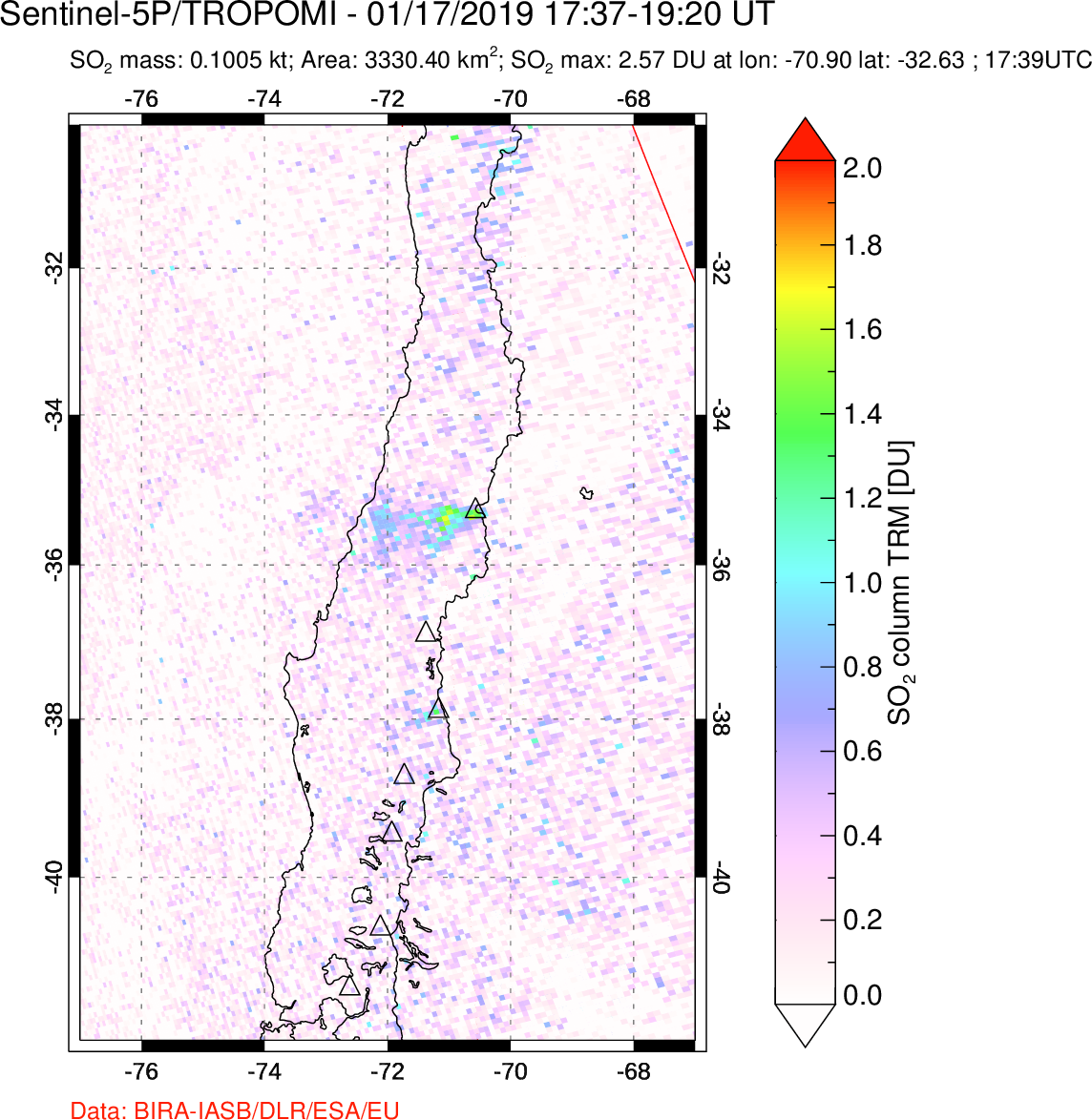 A sulfur dioxide image over Central Chile on Jan 17, 2019.