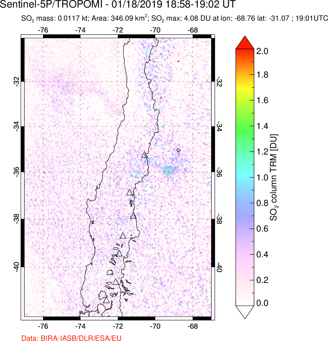 A sulfur dioxide image over Central Chile on Jan 18, 2019.