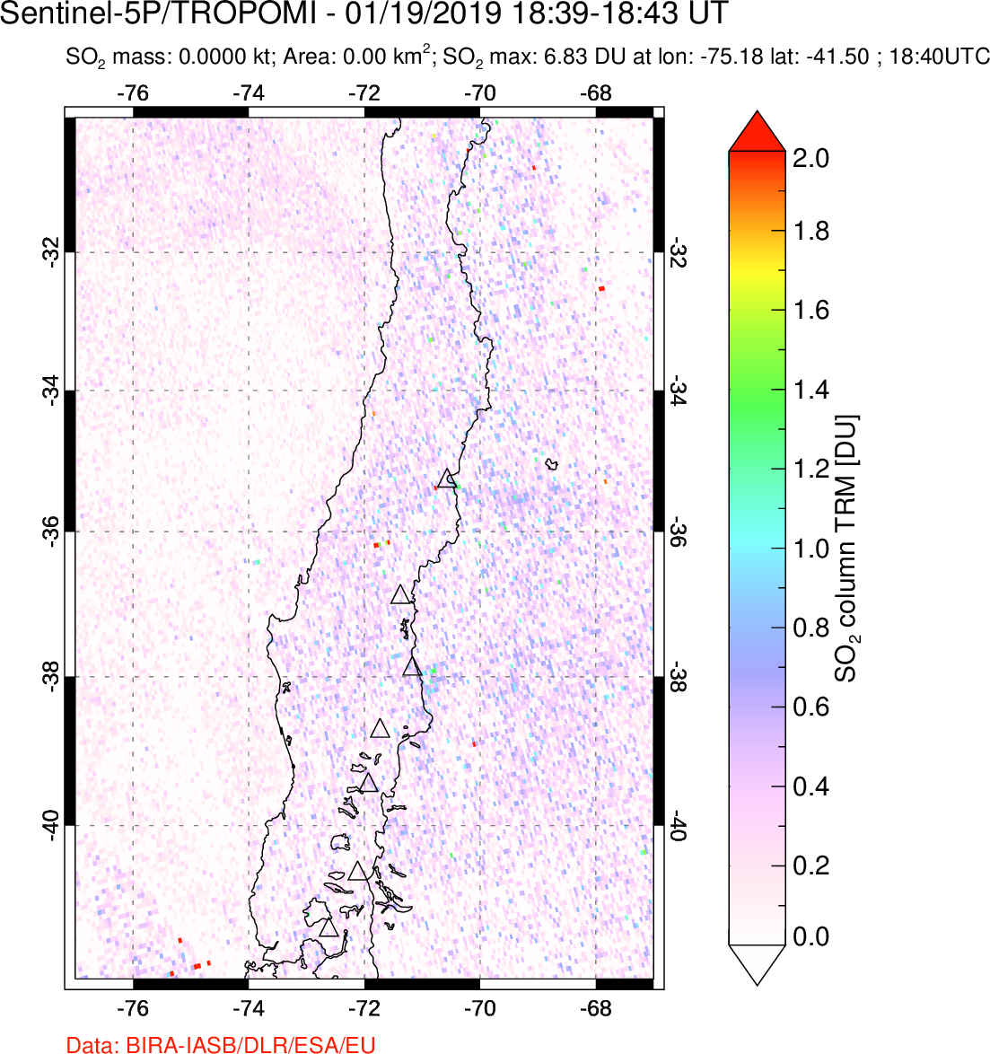 A sulfur dioxide image over Central Chile on Jan 19, 2019.