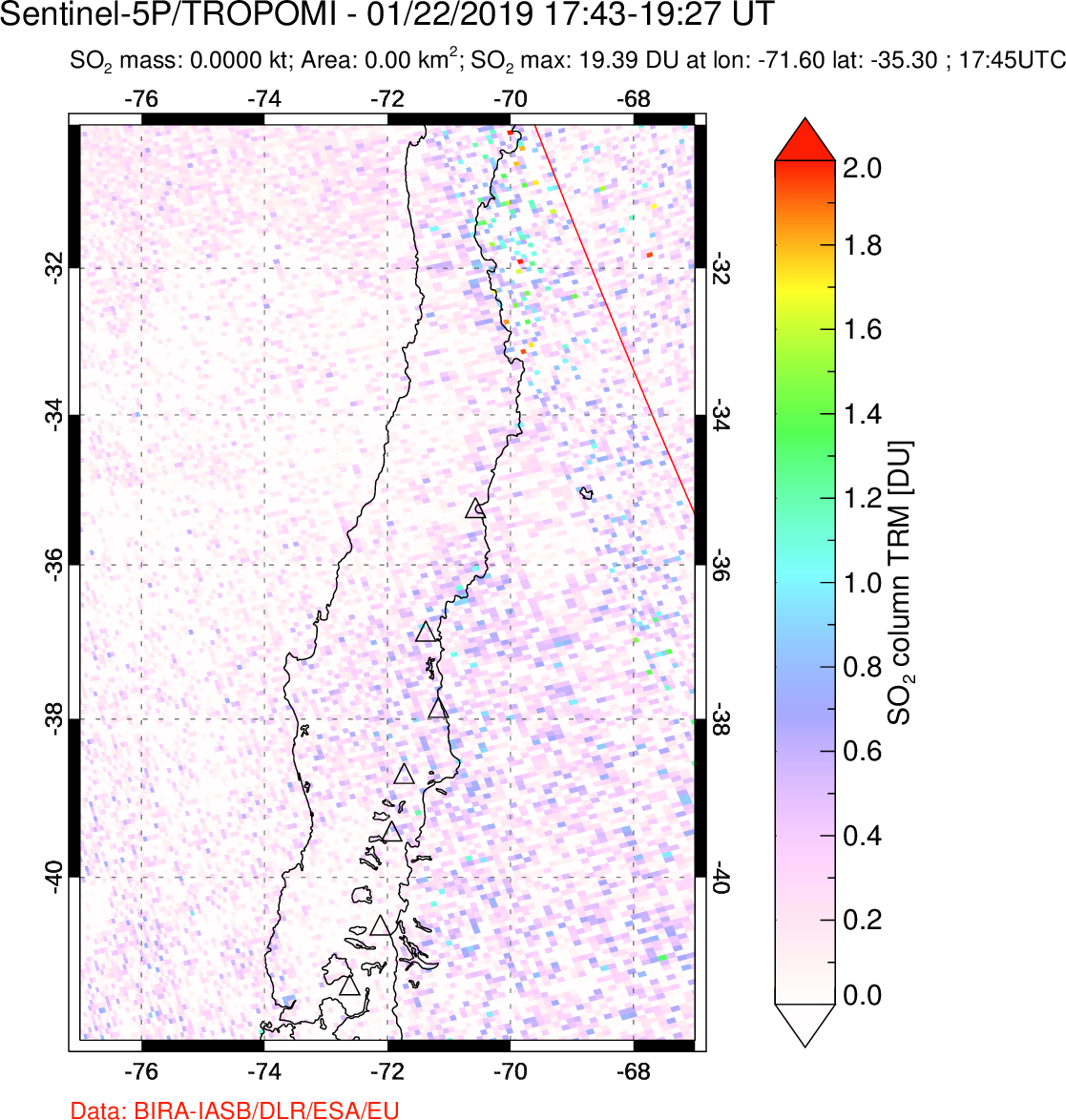 A sulfur dioxide image over Central Chile on Jan 22, 2019.