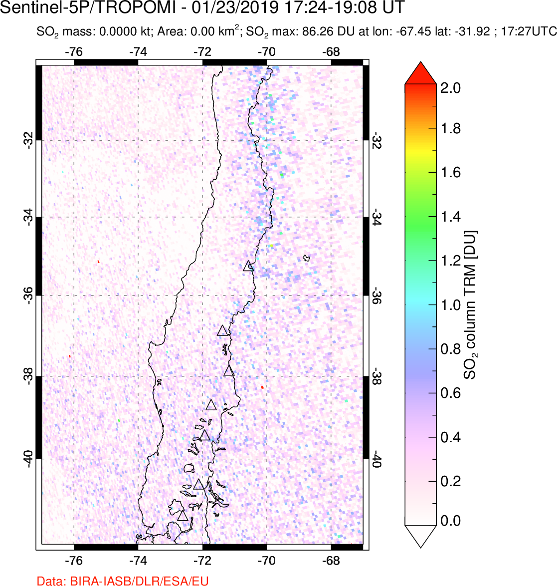 A sulfur dioxide image over Central Chile on Jan 23, 2019.