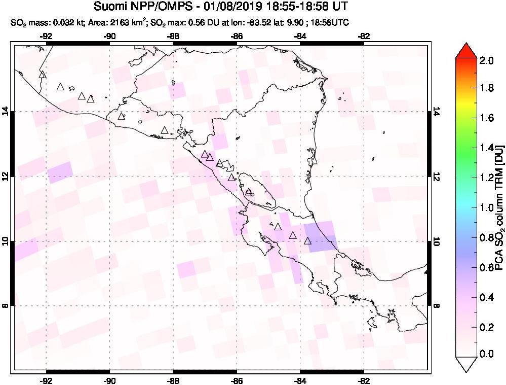 A sulfur dioxide image over Central America on Jan 08, 2019.