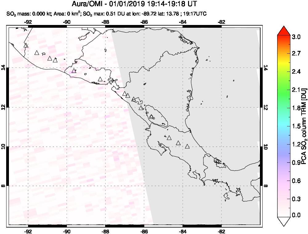 A sulfur dioxide image over Central America on Jan 01, 2019.