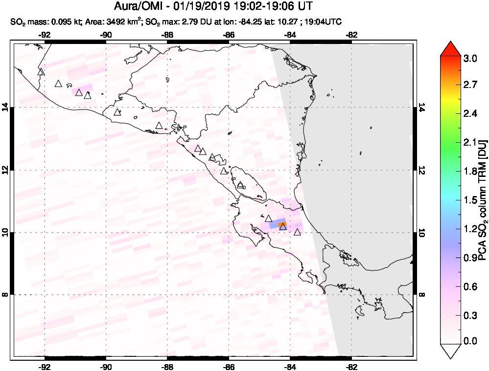 A sulfur dioxide image over Central America on Jan 19, 2019.