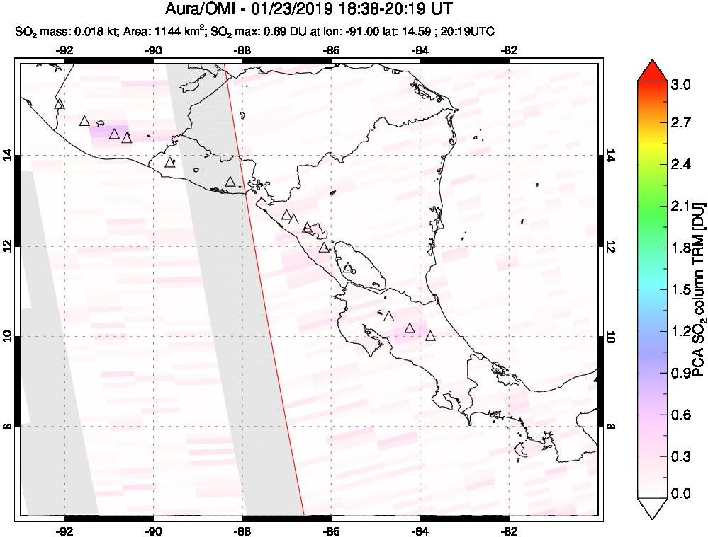 A sulfur dioxide image over Central America on Jan 23, 2019.