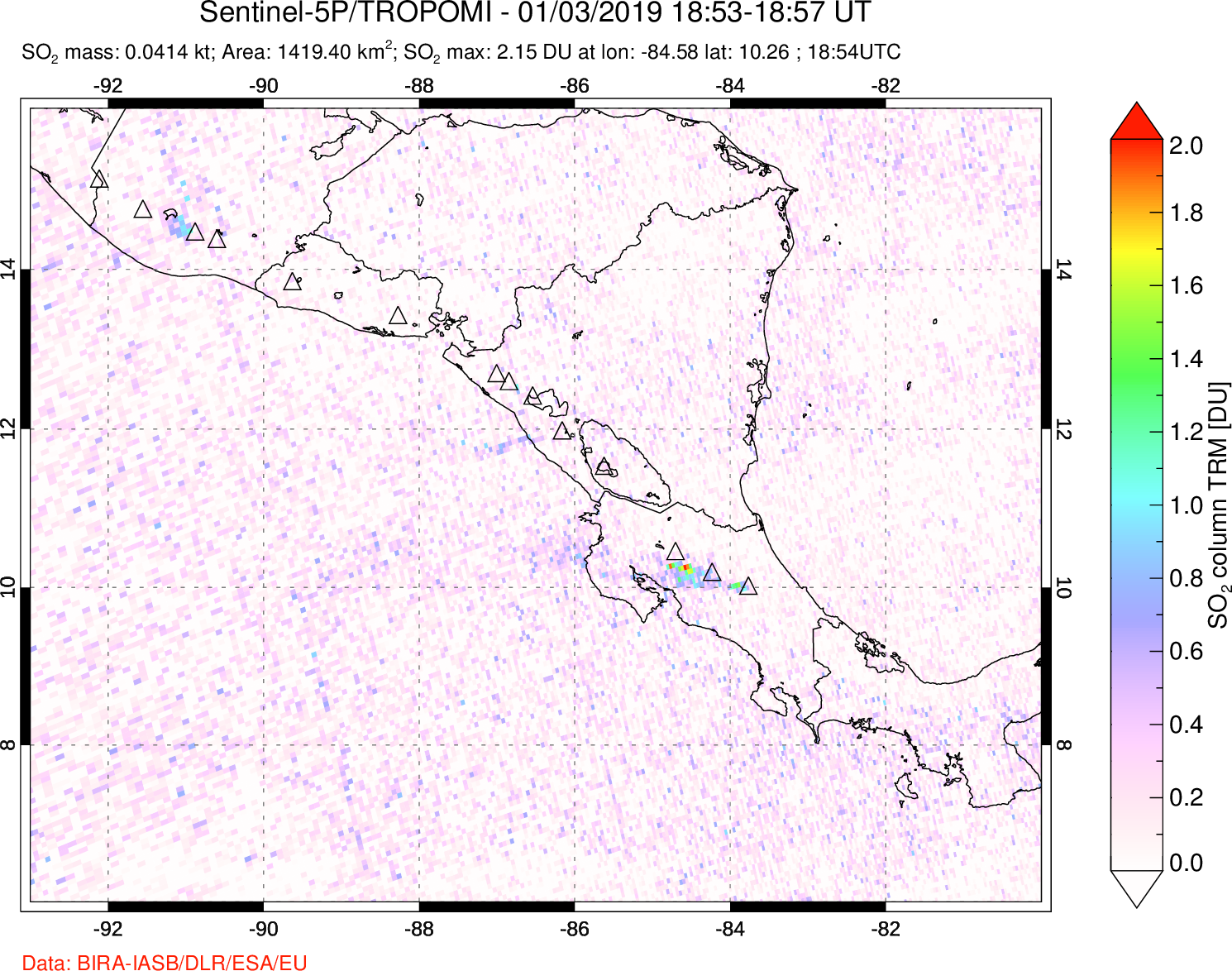 A sulfur dioxide image over Central America on Jan 03, 2019.
