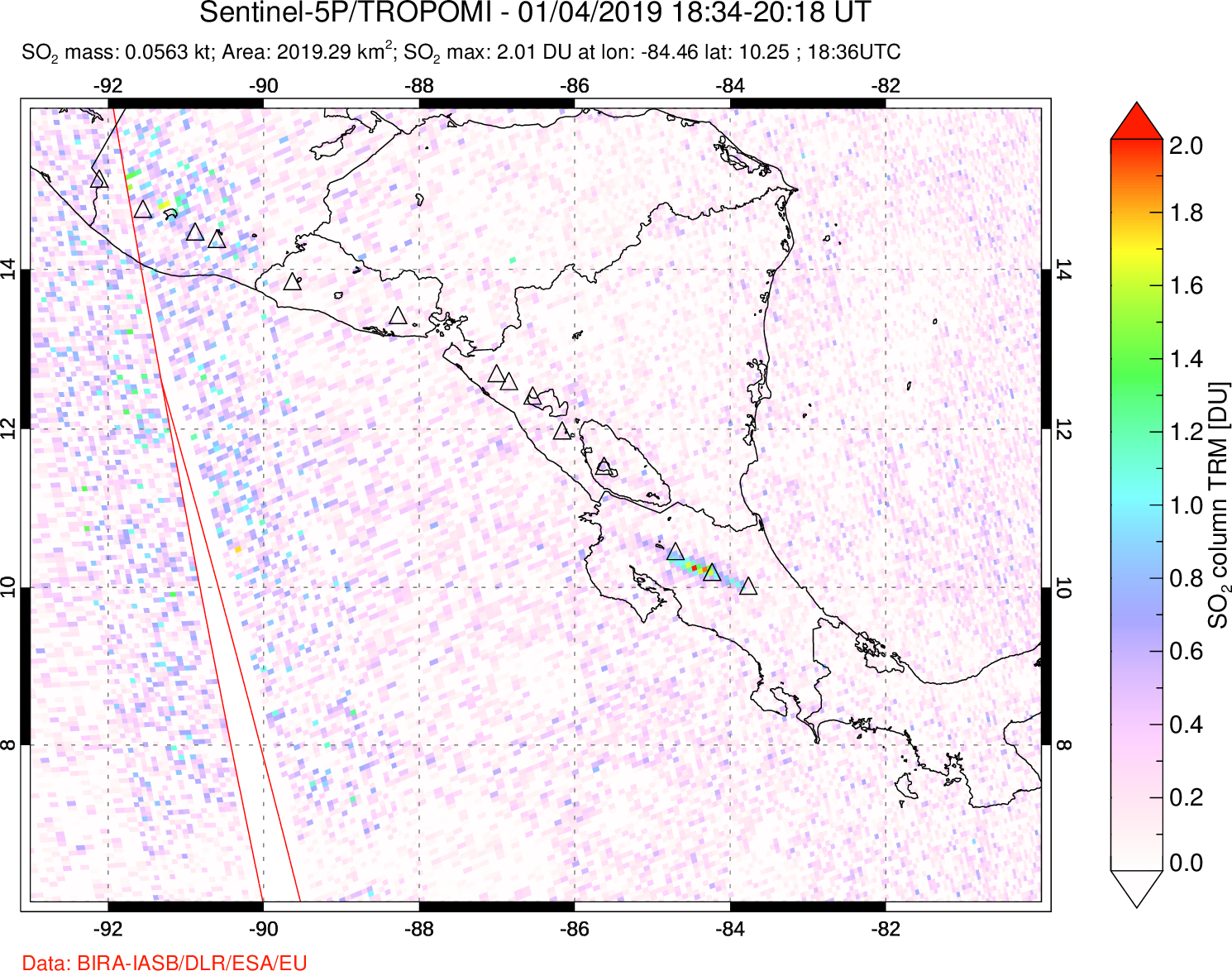 A sulfur dioxide image over Central America on Jan 04, 2019.