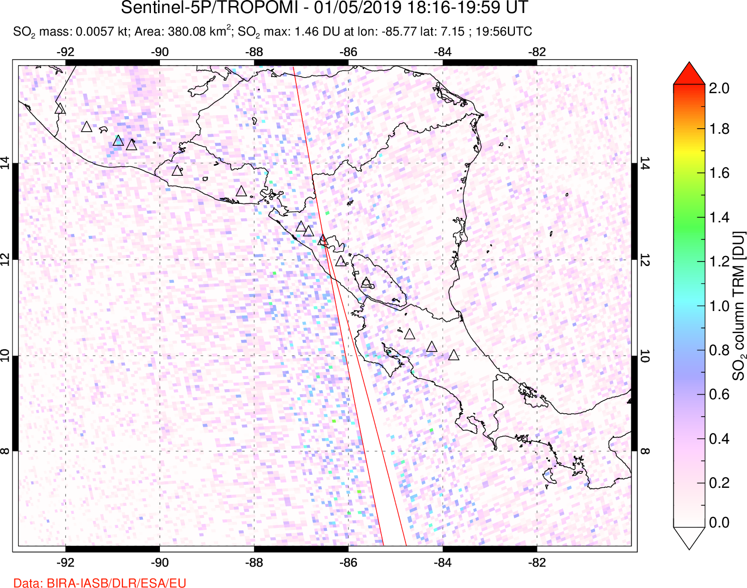 A sulfur dioxide image over Central America on Jan 05, 2019.
