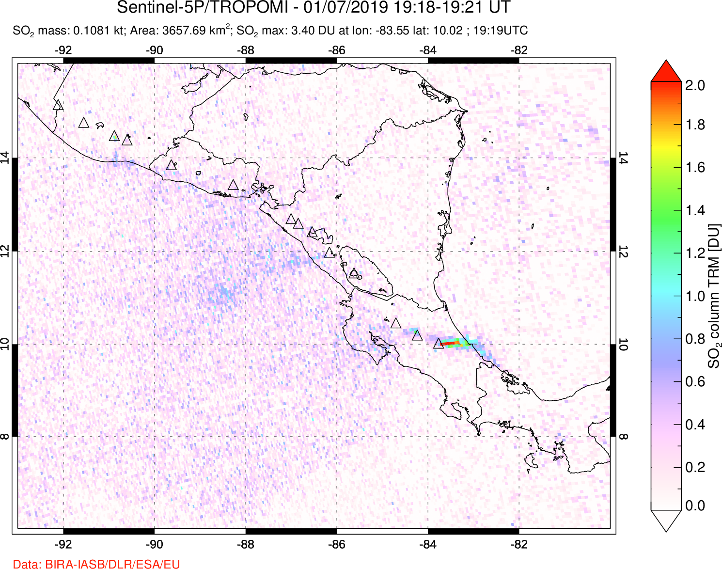 A sulfur dioxide image over Central America on Jan 07, 2019.