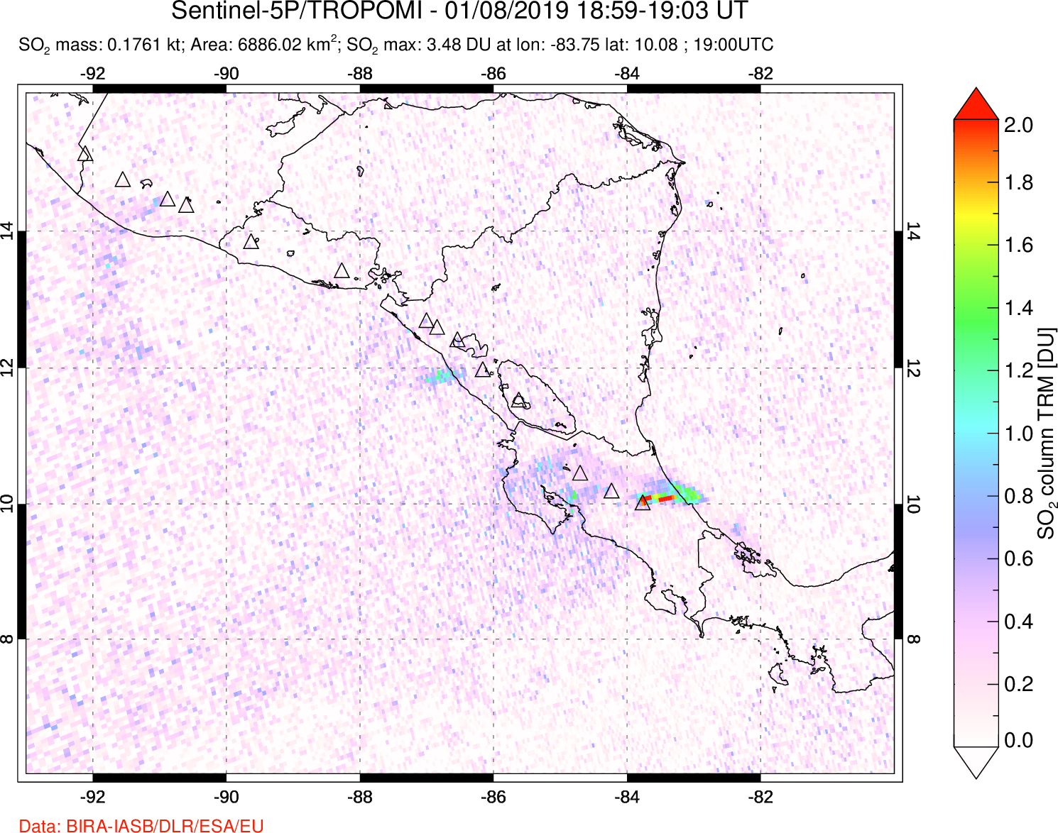 A sulfur dioxide image over Central America on Jan 08, 2019.