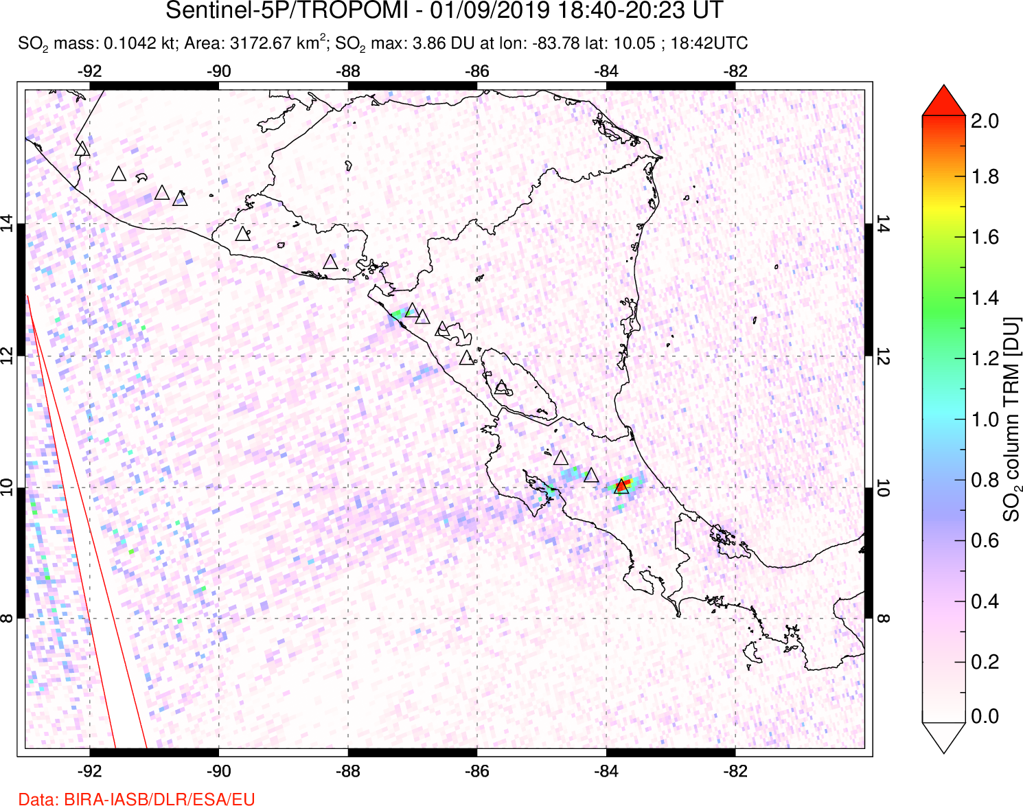 A sulfur dioxide image over Central America on Jan 09, 2019.