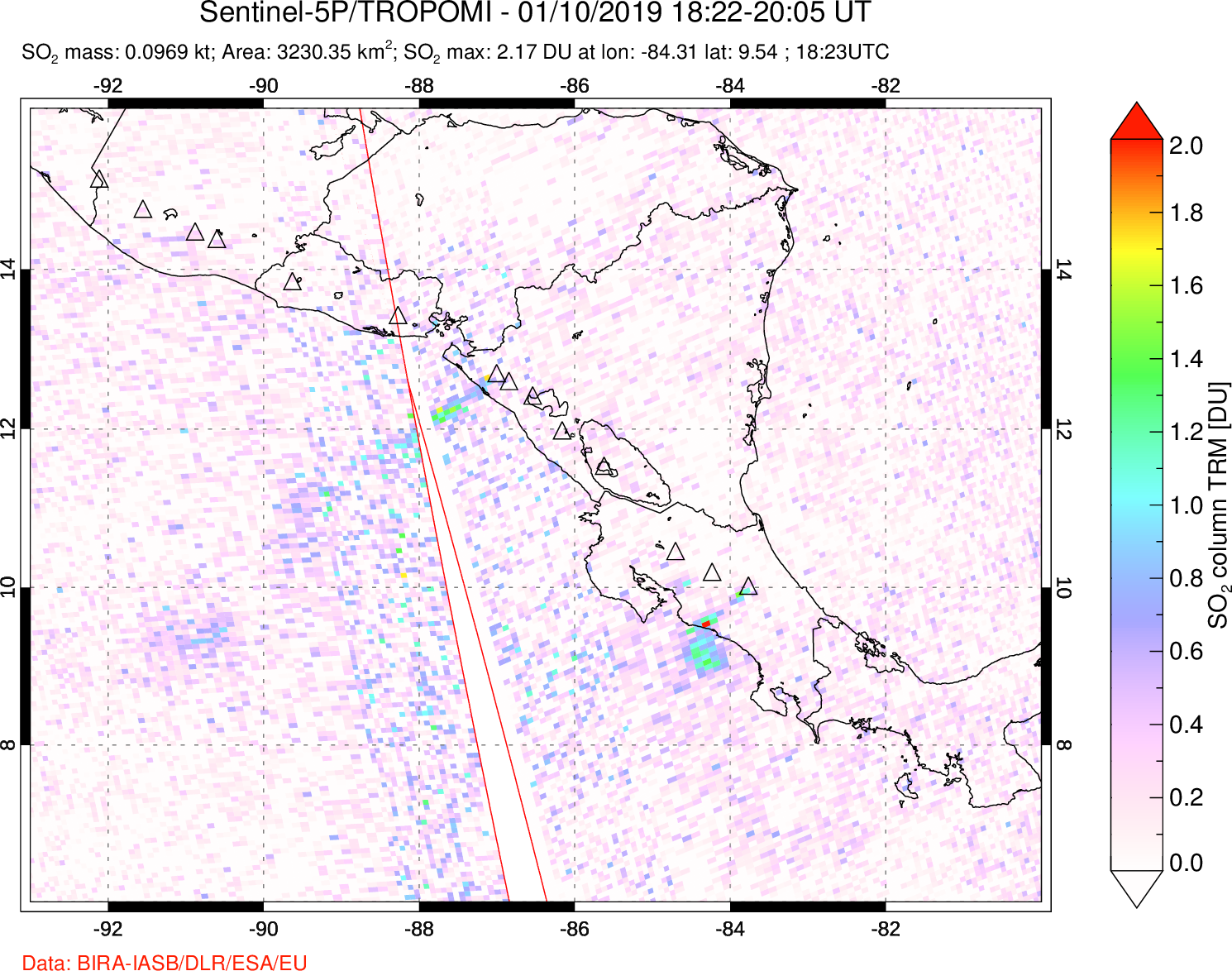 A sulfur dioxide image over Central America on Jan 10, 2019.