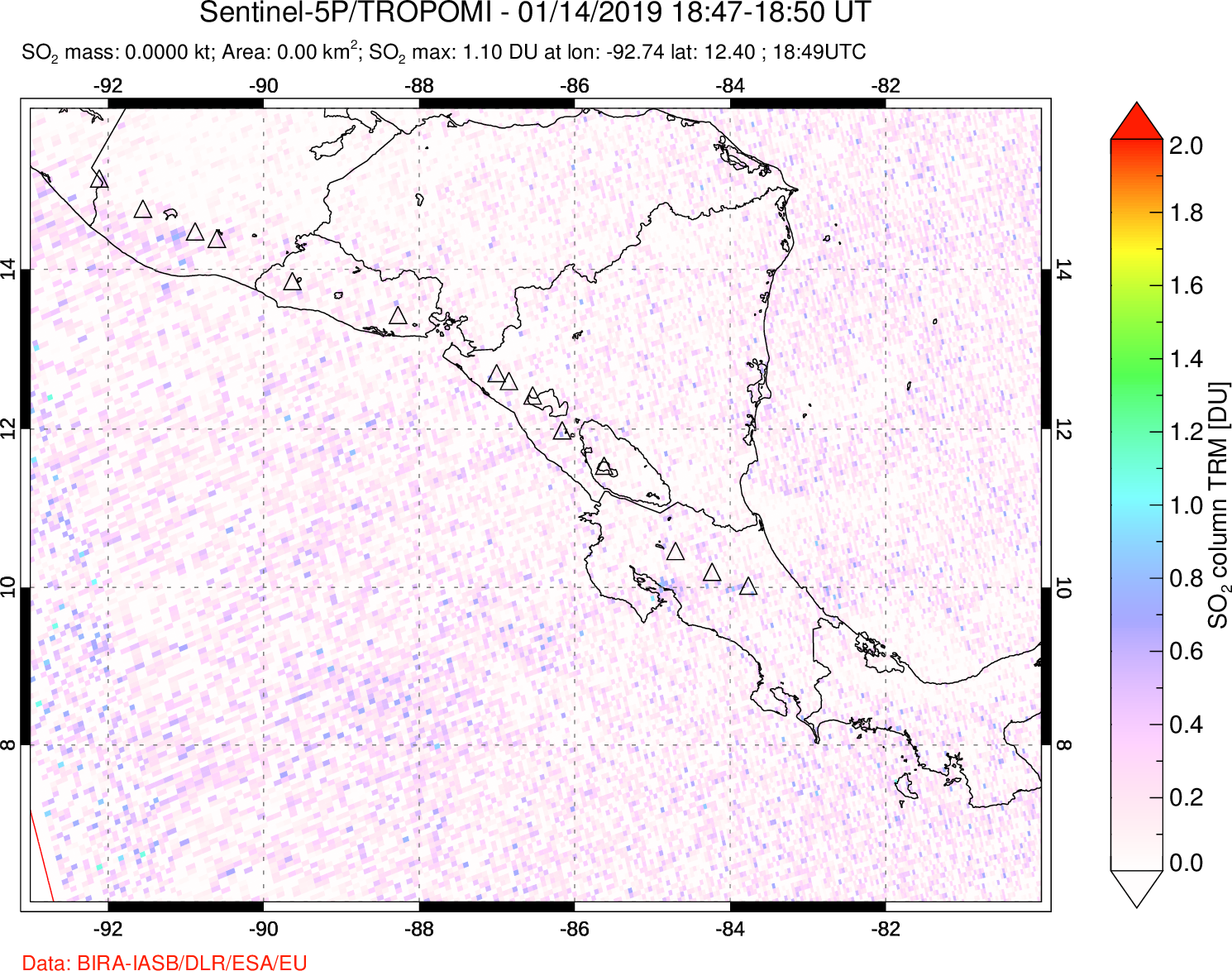 A sulfur dioxide image over Central America on Jan 14, 2019.