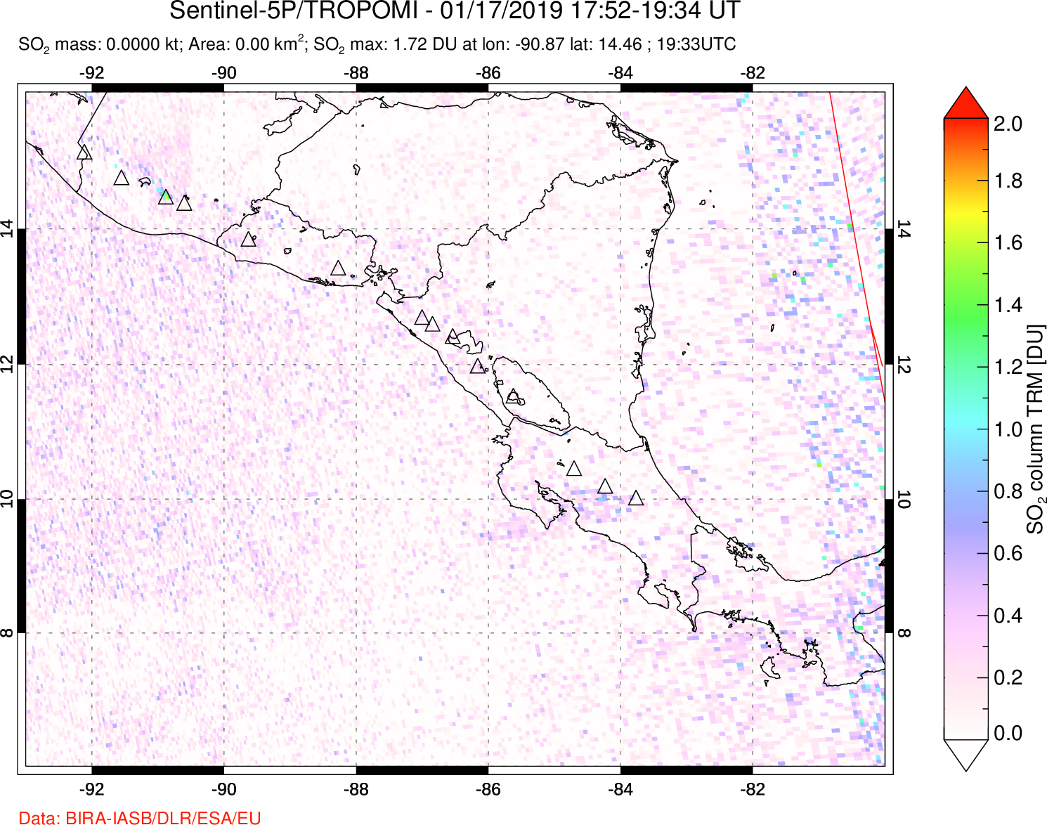 A sulfur dioxide image over Central America on Jan 17, 2019.