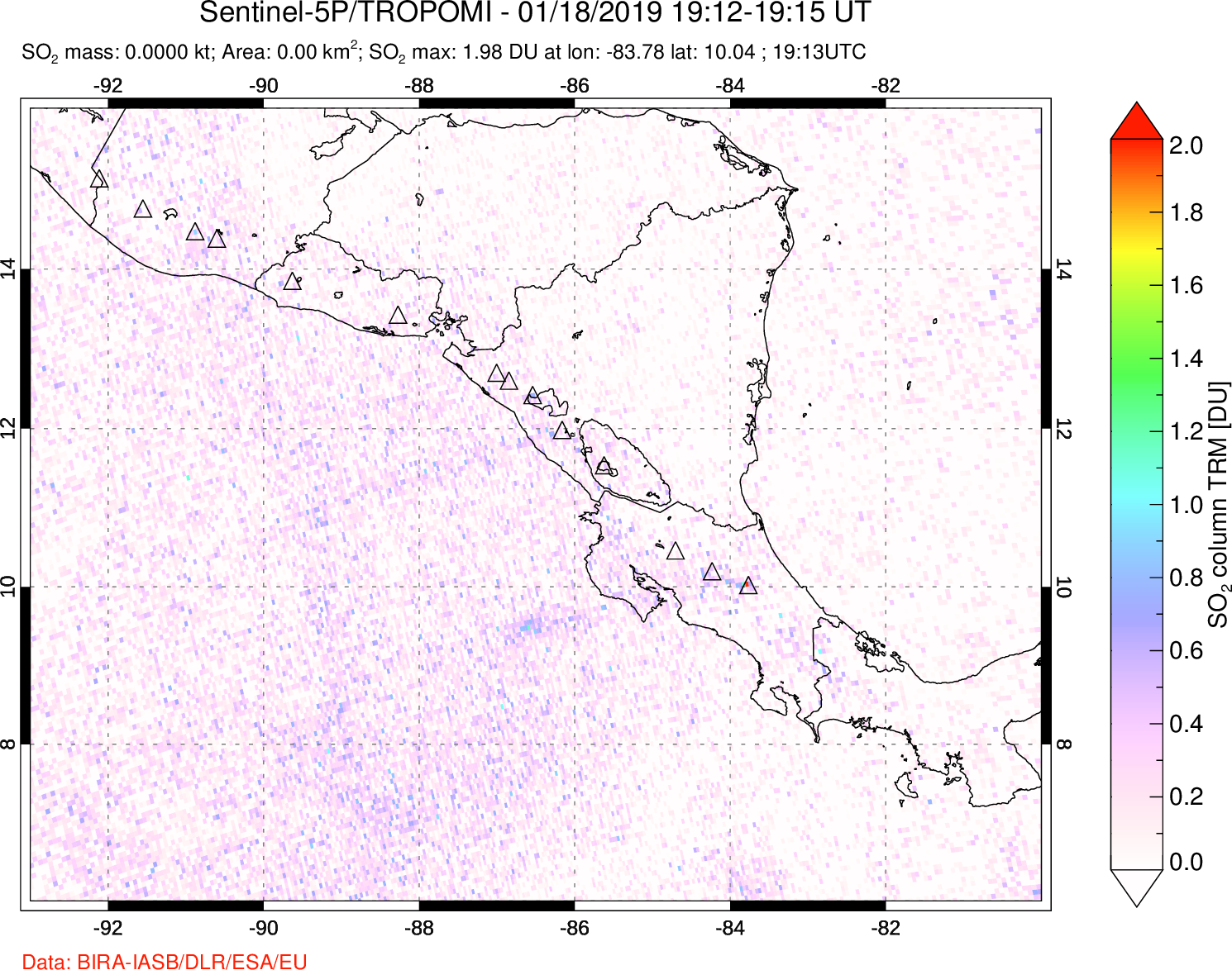 A sulfur dioxide image over Central America on Jan 18, 2019.