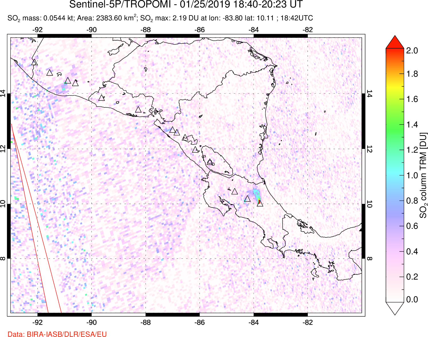 A sulfur dioxide image over Central America on Jan 25, 2019.
