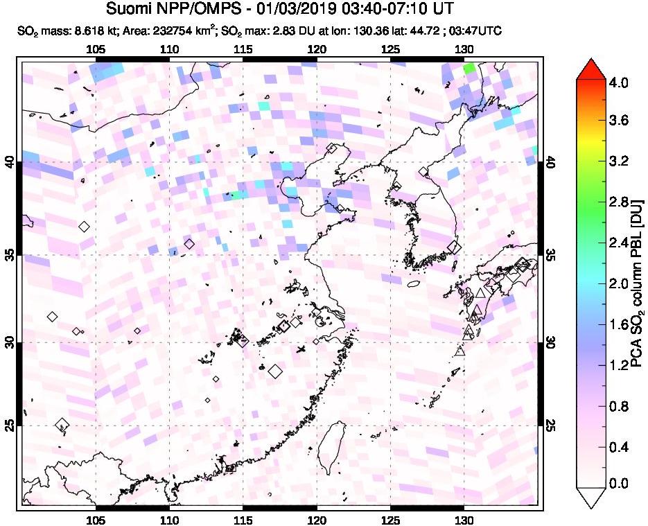 A sulfur dioxide image over Eastern China on Jan 03, 2019.