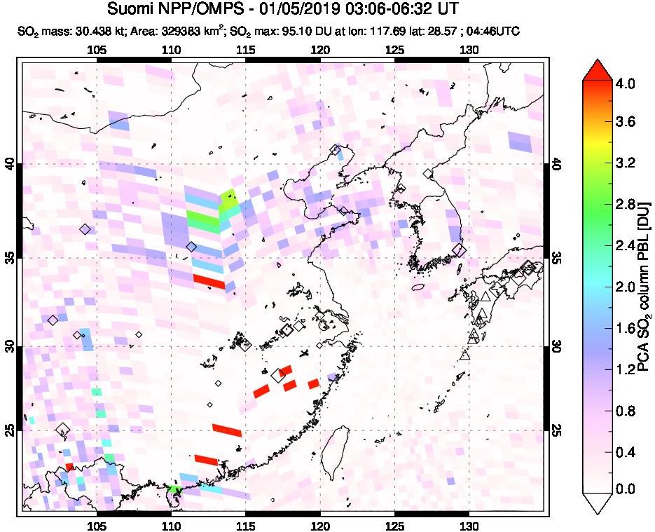 A sulfur dioxide image over Eastern China on Jan 05, 2019.