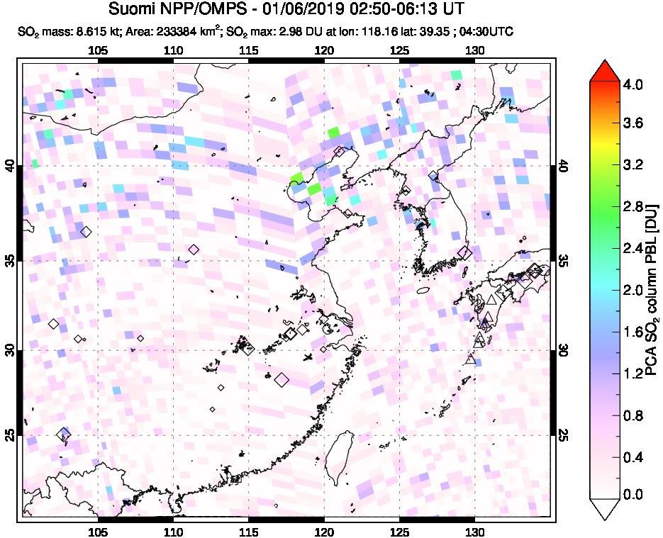 A sulfur dioxide image over Eastern China on Jan 06, 2019.