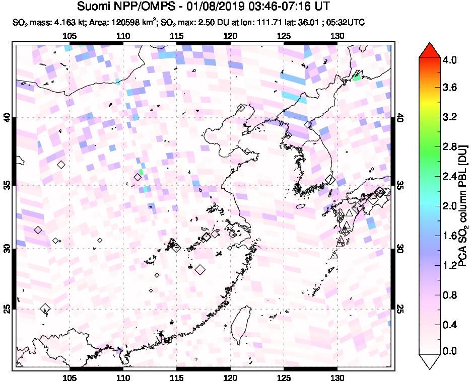 A sulfur dioxide image over Eastern China on Jan 08, 2019.