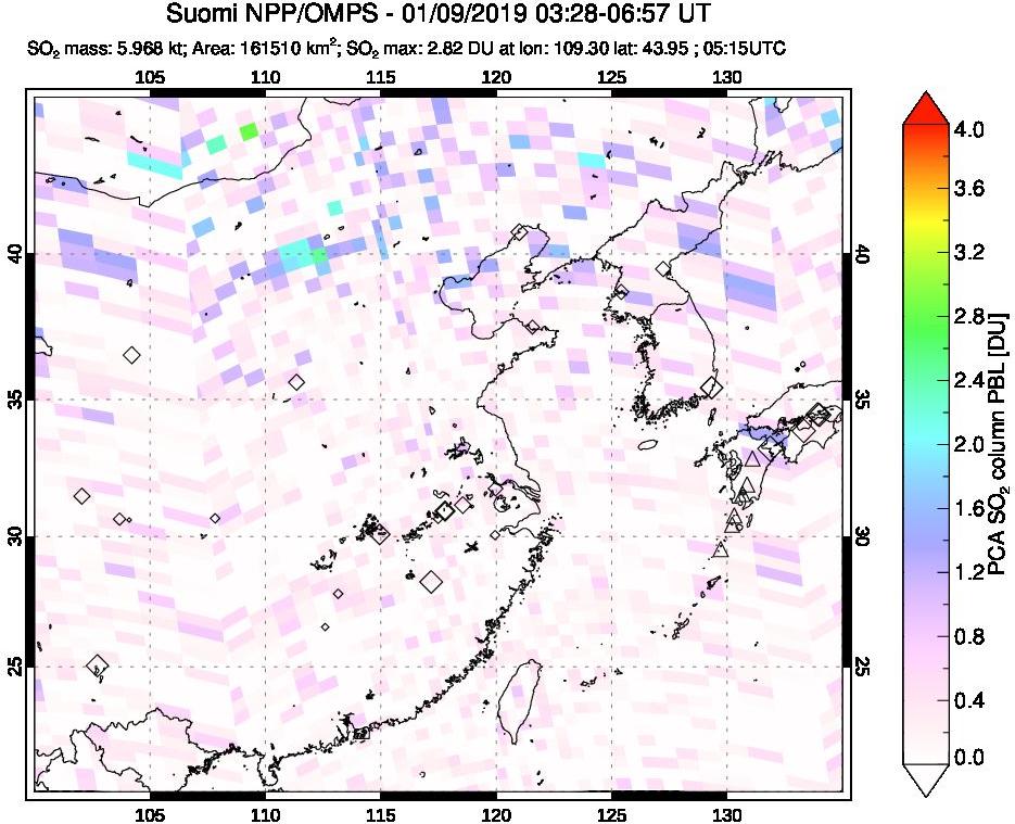 A sulfur dioxide image over Eastern China on Jan 09, 2019.