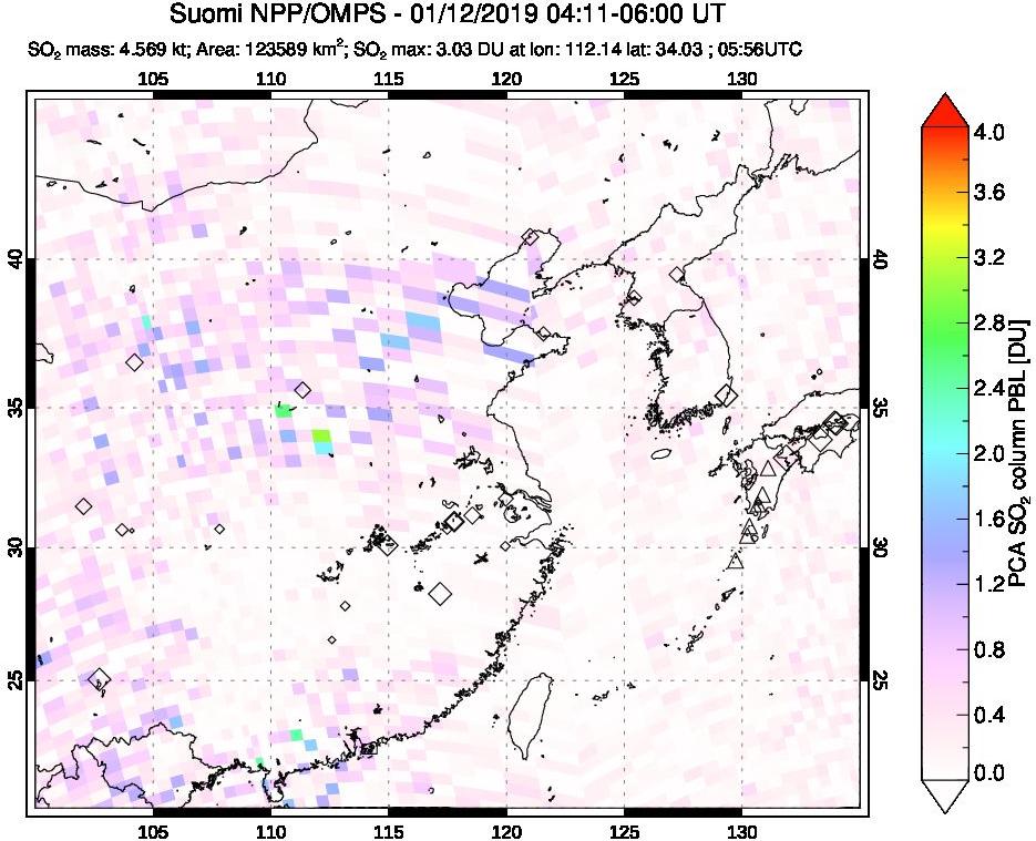 A sulfur dioxide image over Eastern China on Jan 12, 2019.