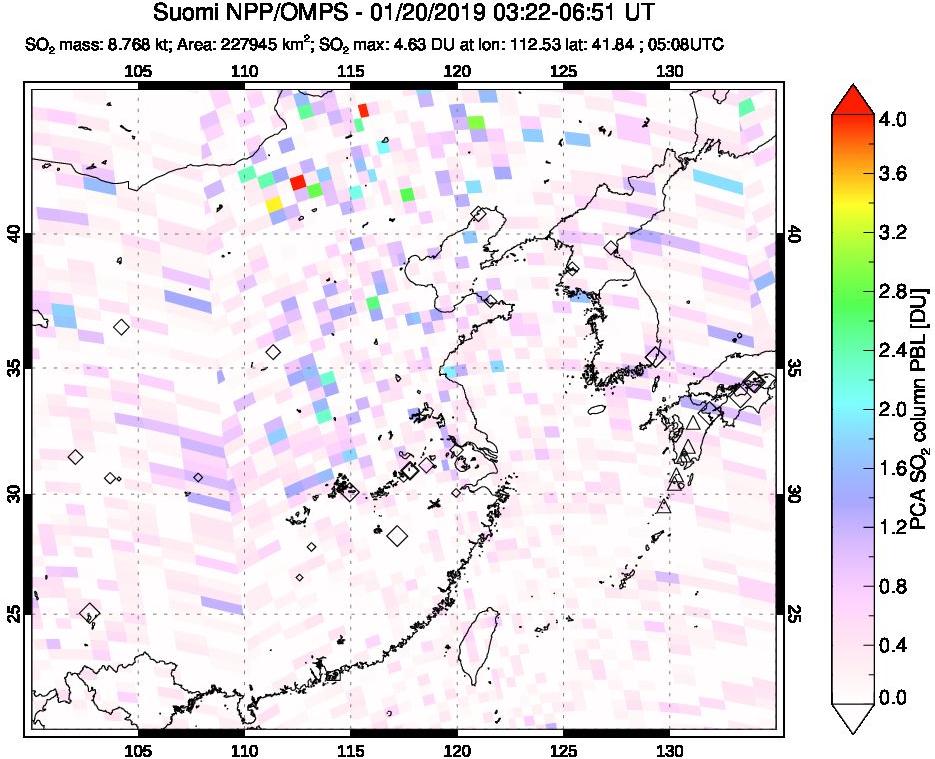 A sulfur dioxide image over Eastern China on Jan 20, 2019.