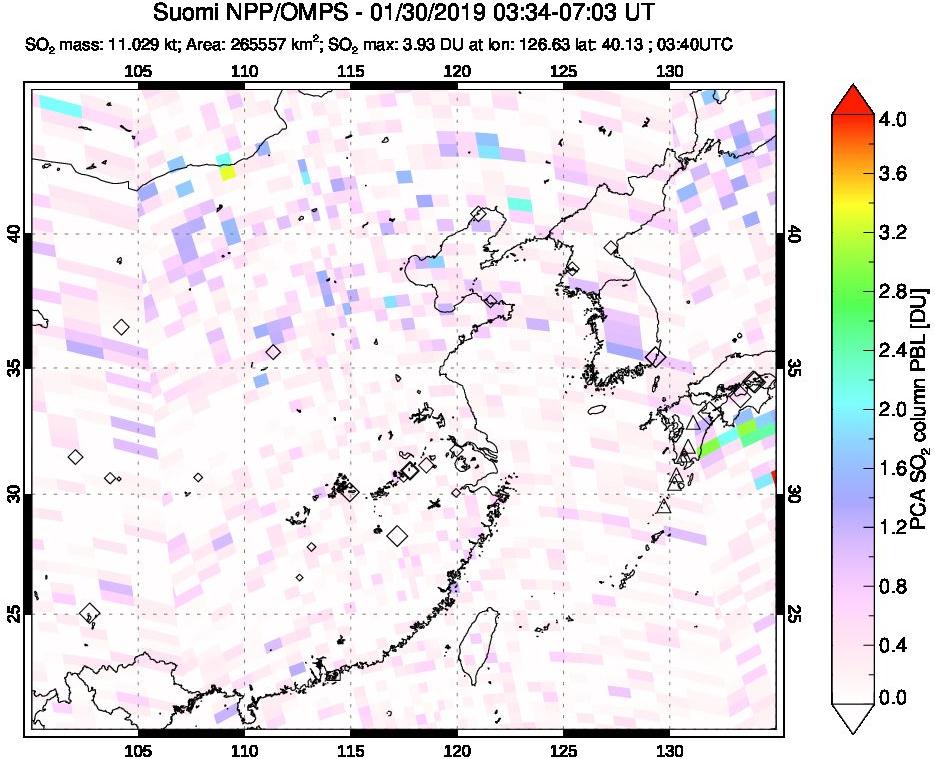 A sulfur dioxide image over Eastern China on Jan 30, 2019.