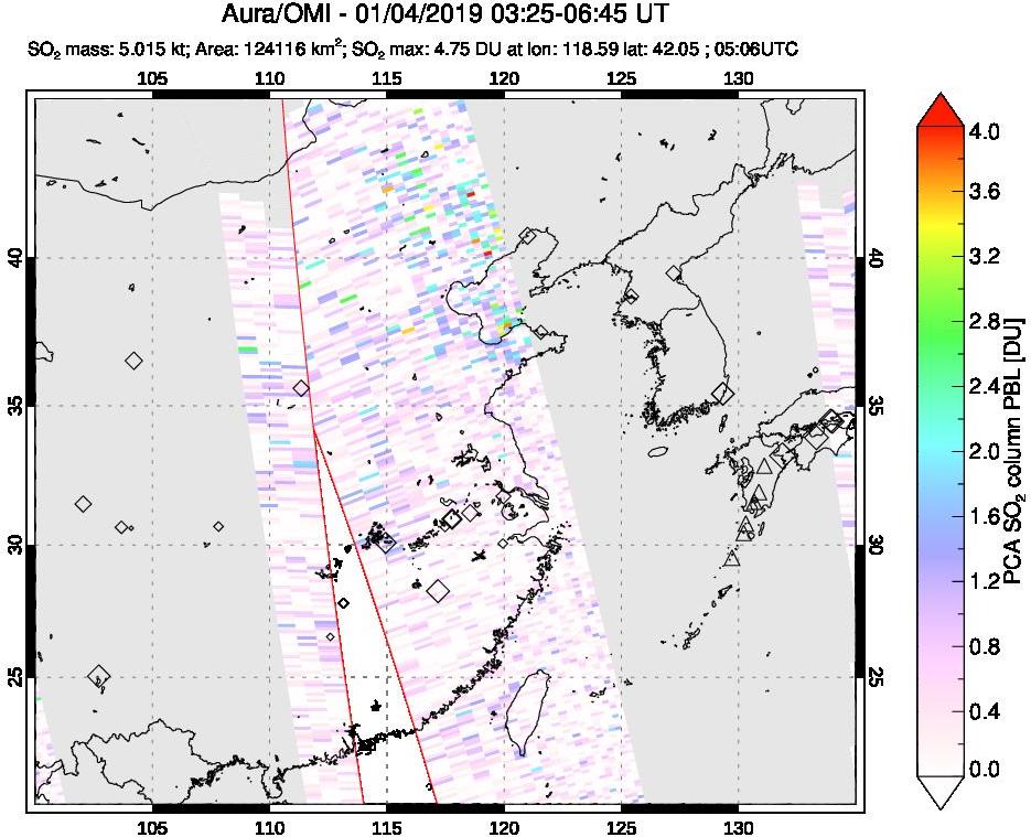 A sulfur dioxide image over Eastern China on Jan 04, 2019.
