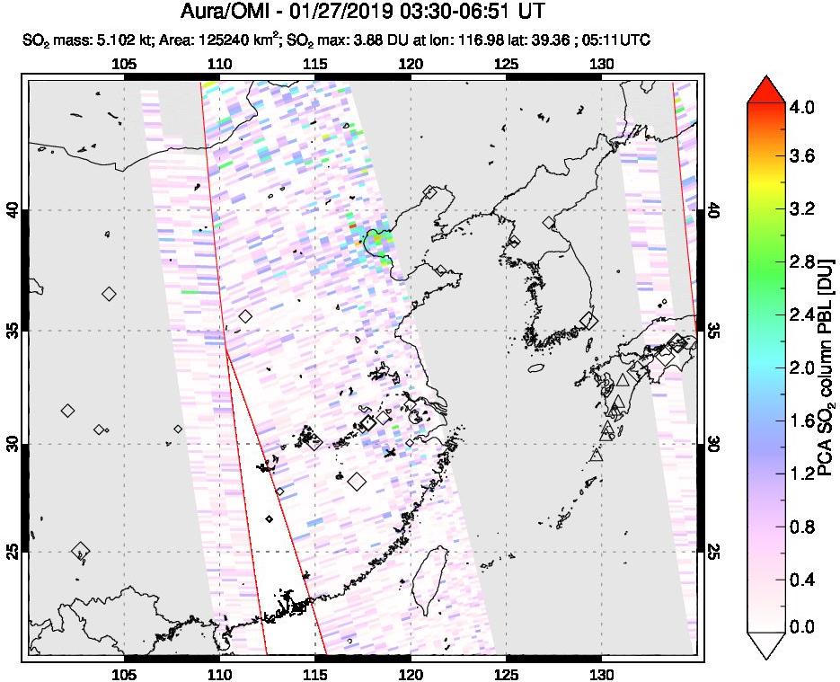 A sulfur dioxide image over Eastern China on Jan 27, 2019.