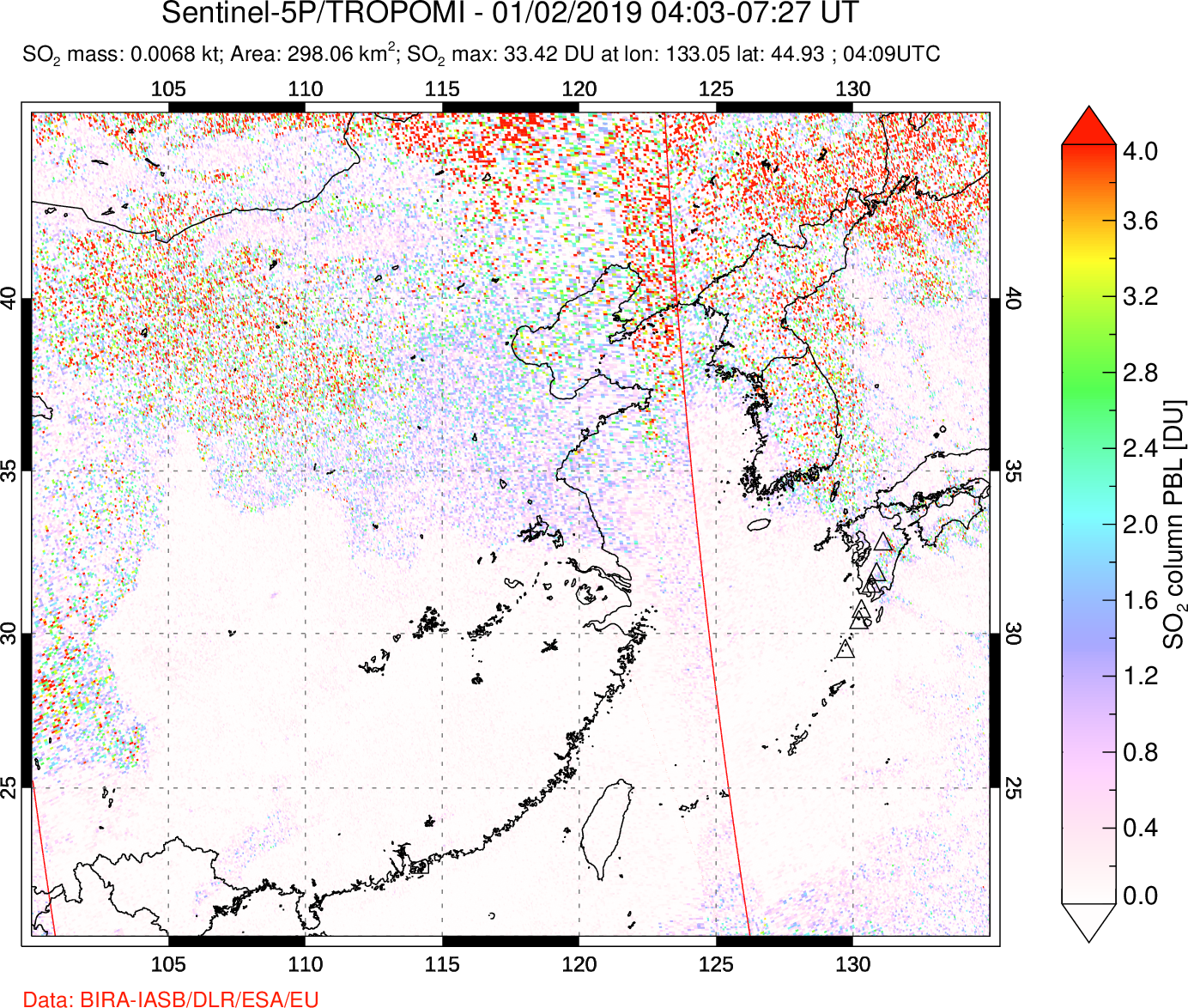 A sulfur dioxide image over Eastern China on Jan 02, 2019.