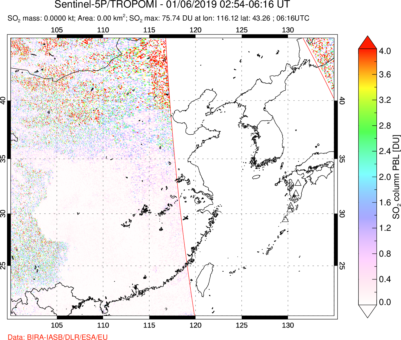 A sulfur dioxide image over Eastern China on Jan 06, 2019.
