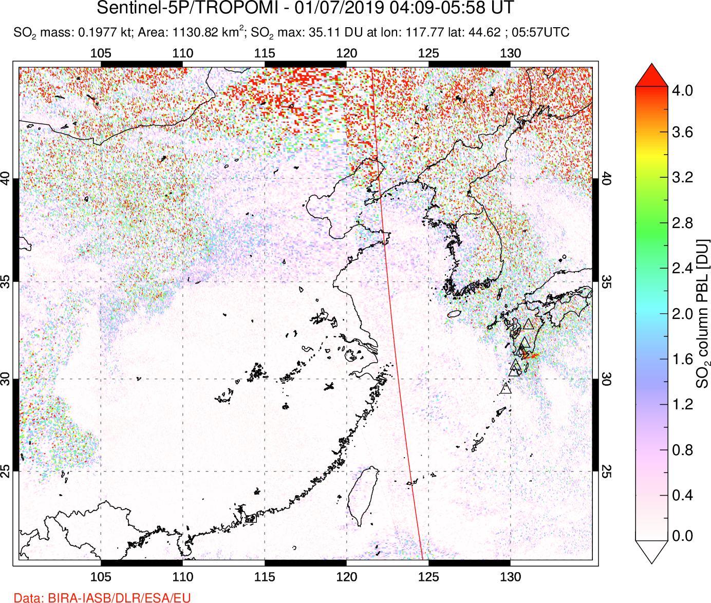 A sulfur dioxide image over Eastern China on Jan 07, 2019.