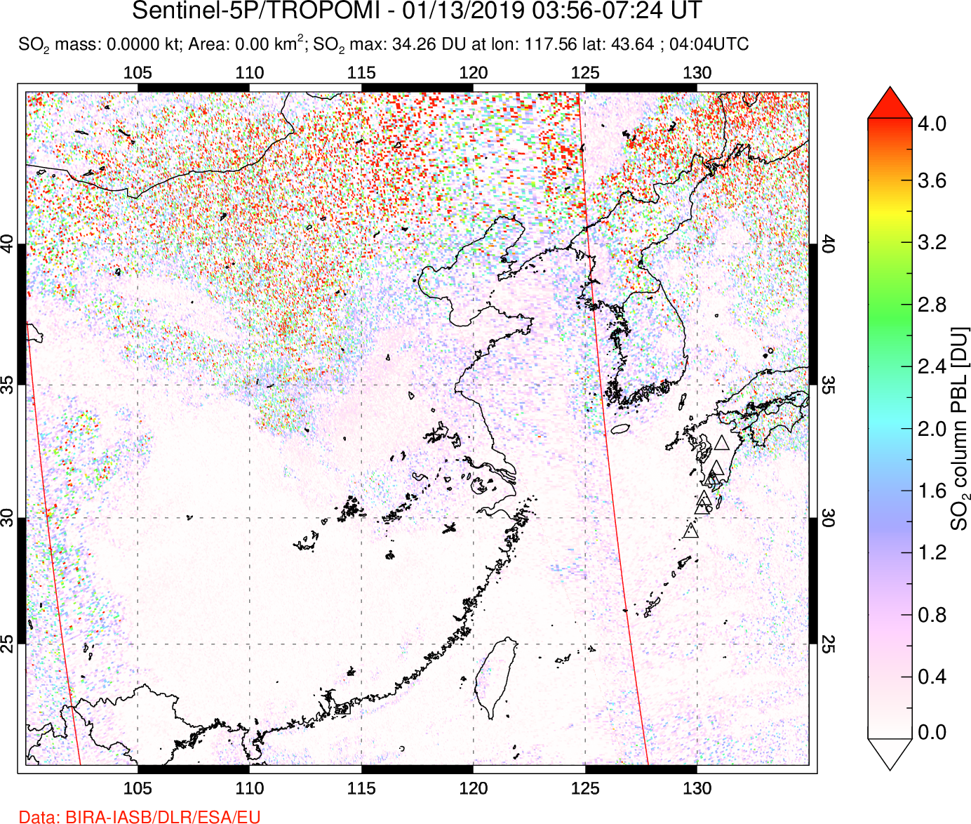 A sulfur dioxide image over Eastern China on Jan 13, 2019.