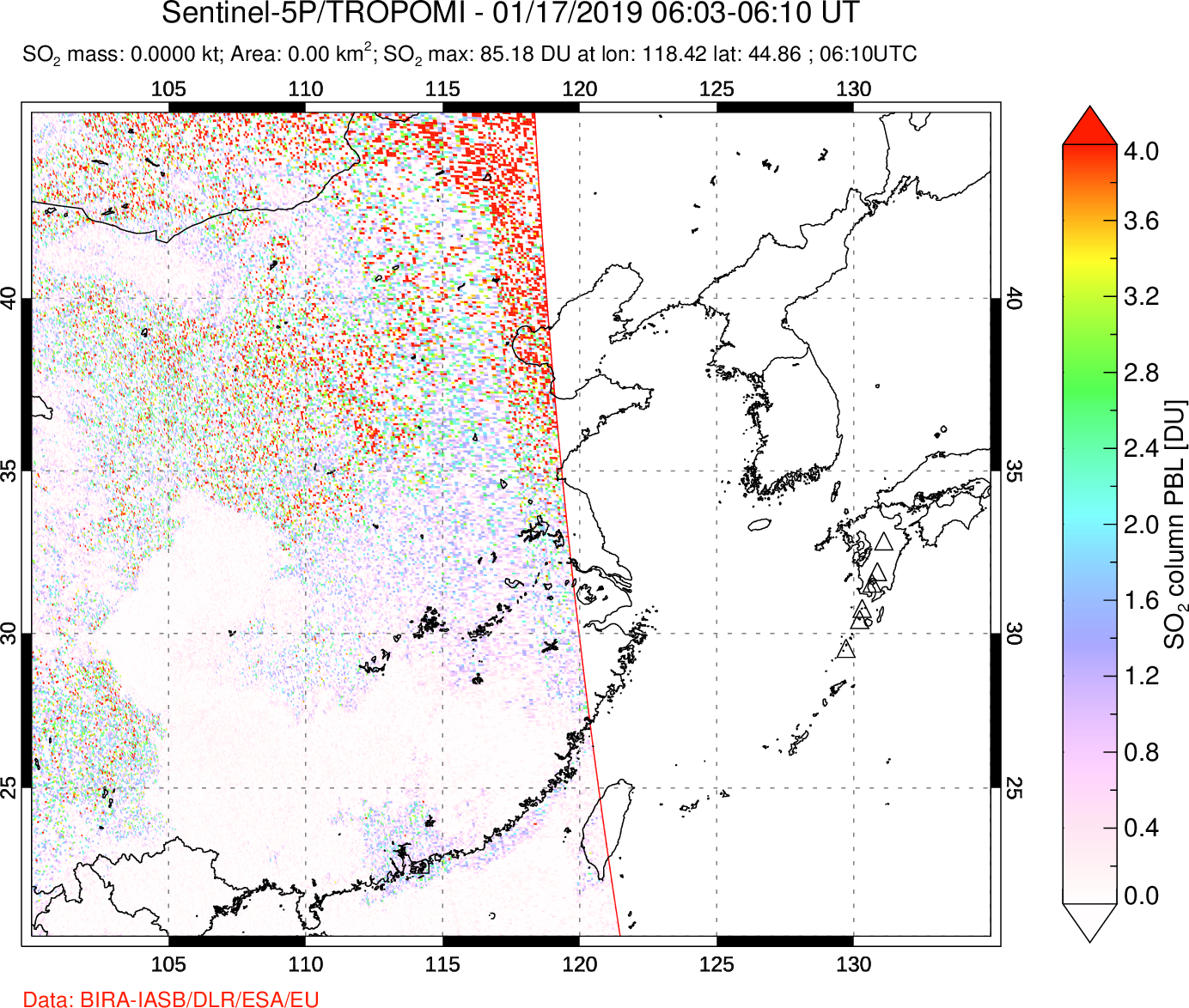 A sulfur dioxide image over Eastern China on Jan 17, 2019.