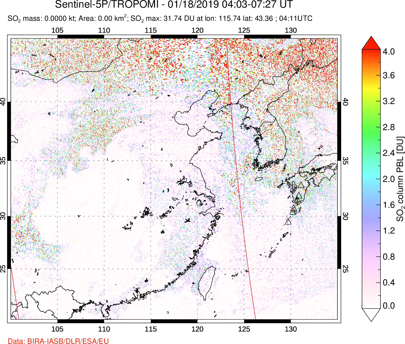 A sulfur dioxide image over Eastern China on Jan 18, 2019.