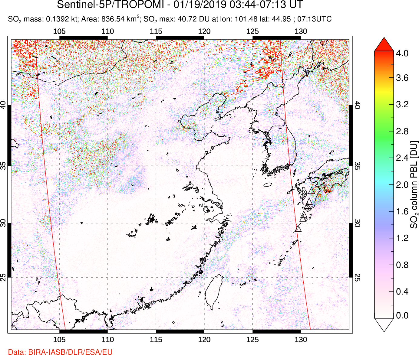 A sulfur dioxide image over Eastern China on Jan 19, 2019.