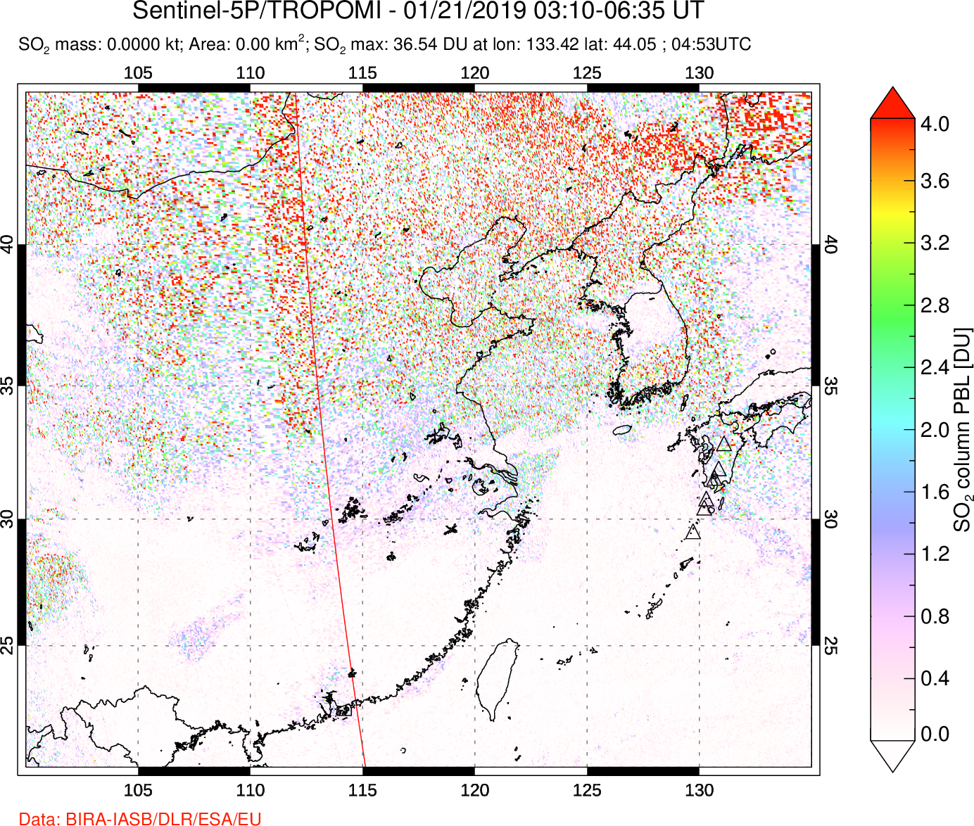 A sulfur dioxide image over Eastern China on Jan 21, 2019.