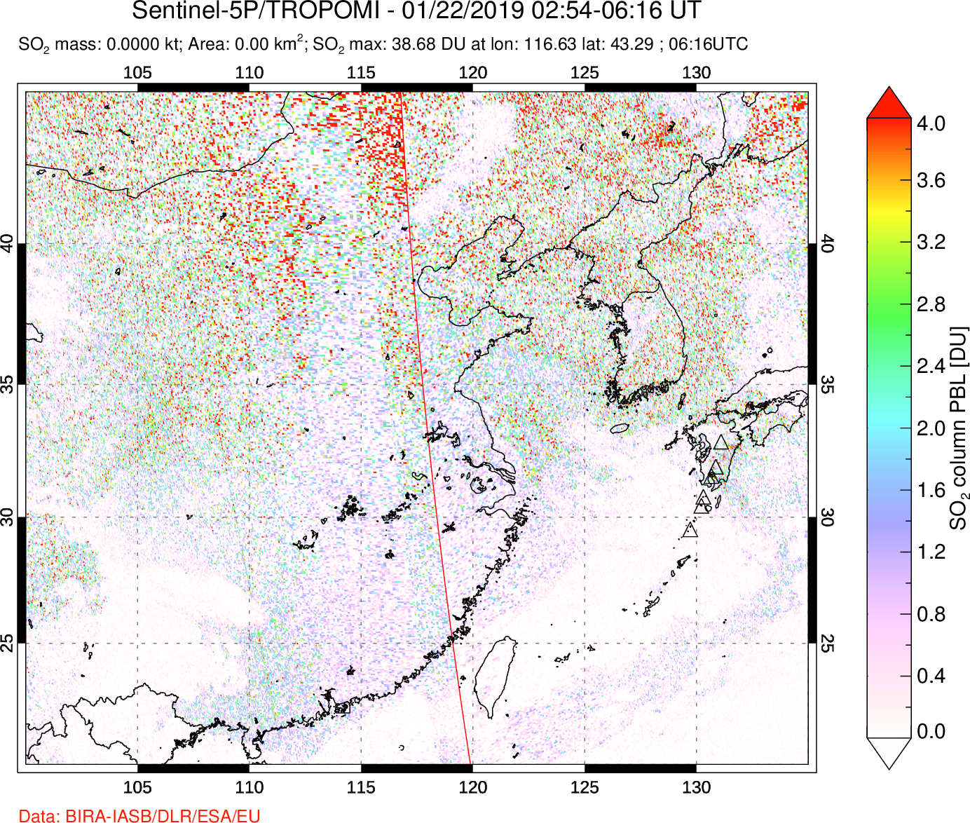 A sulfur dioxide image over Eastern China on Jan 22, 2019.