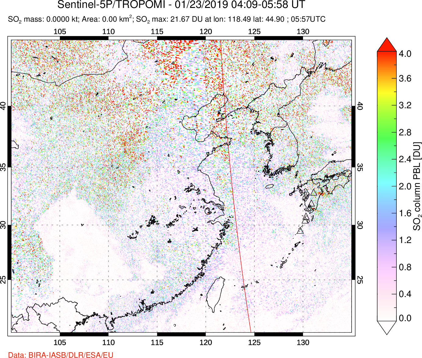 A sulfur dioxide image over Eastern China on Jan 23, 2019.