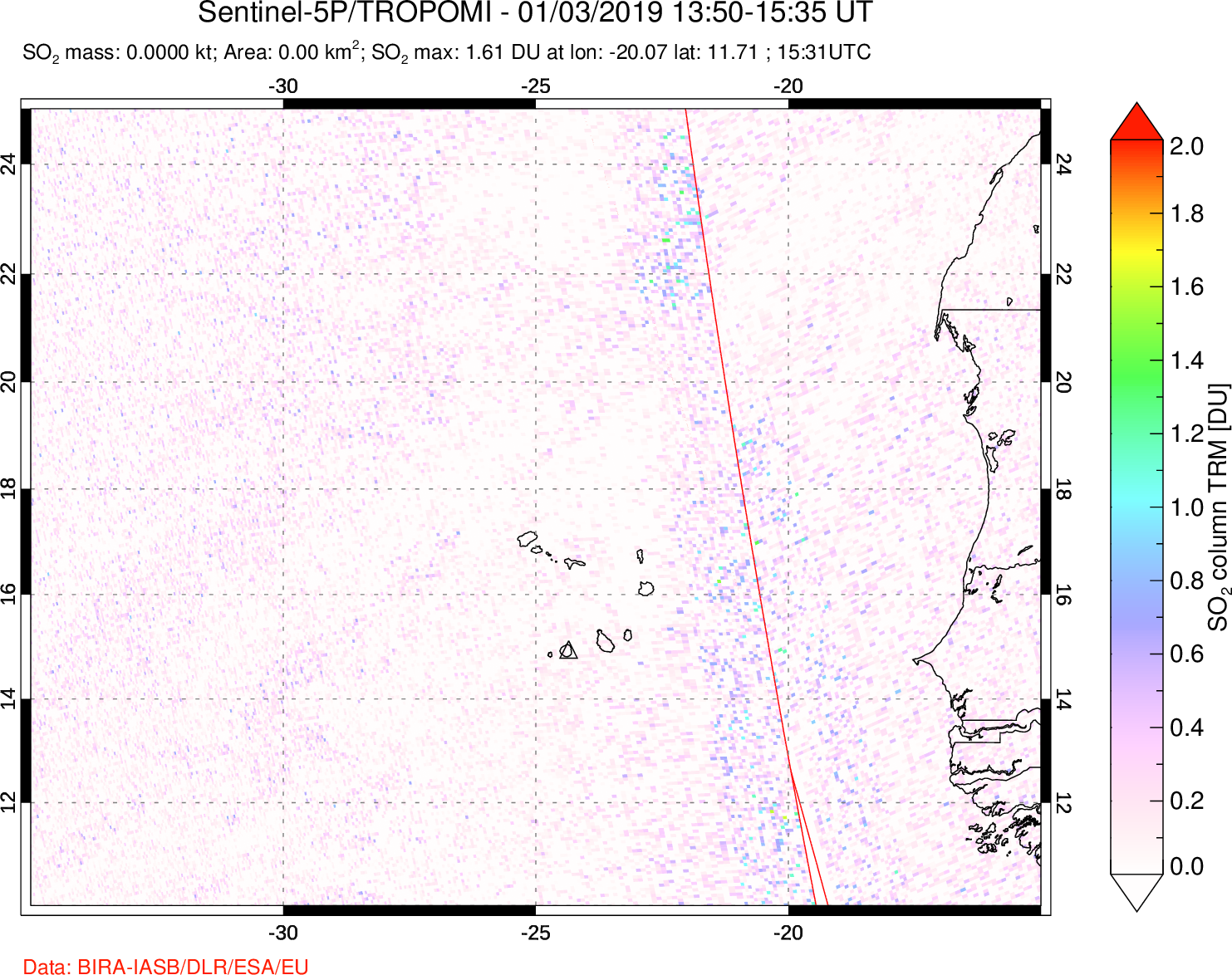 A sulfur dioxide image over Cape Verde Islands on Jan 03, 2019.