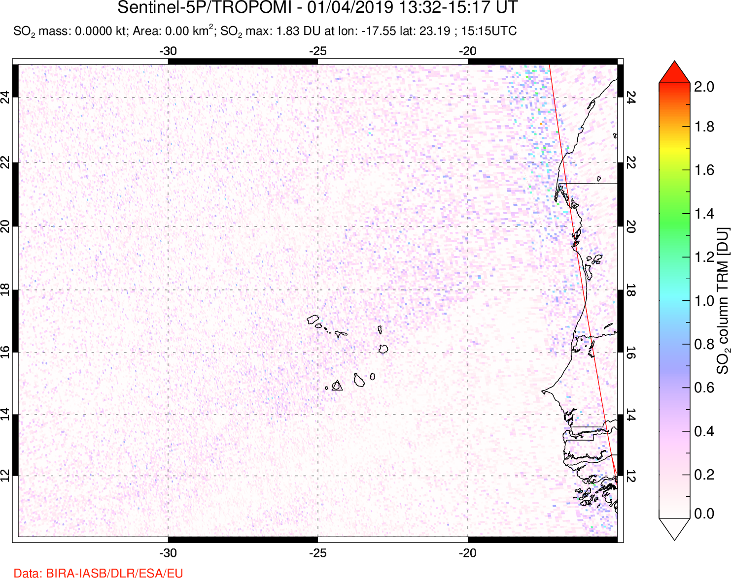 A sulfur dioxide image over Cape Verde Islands on Jan 04, 2019.