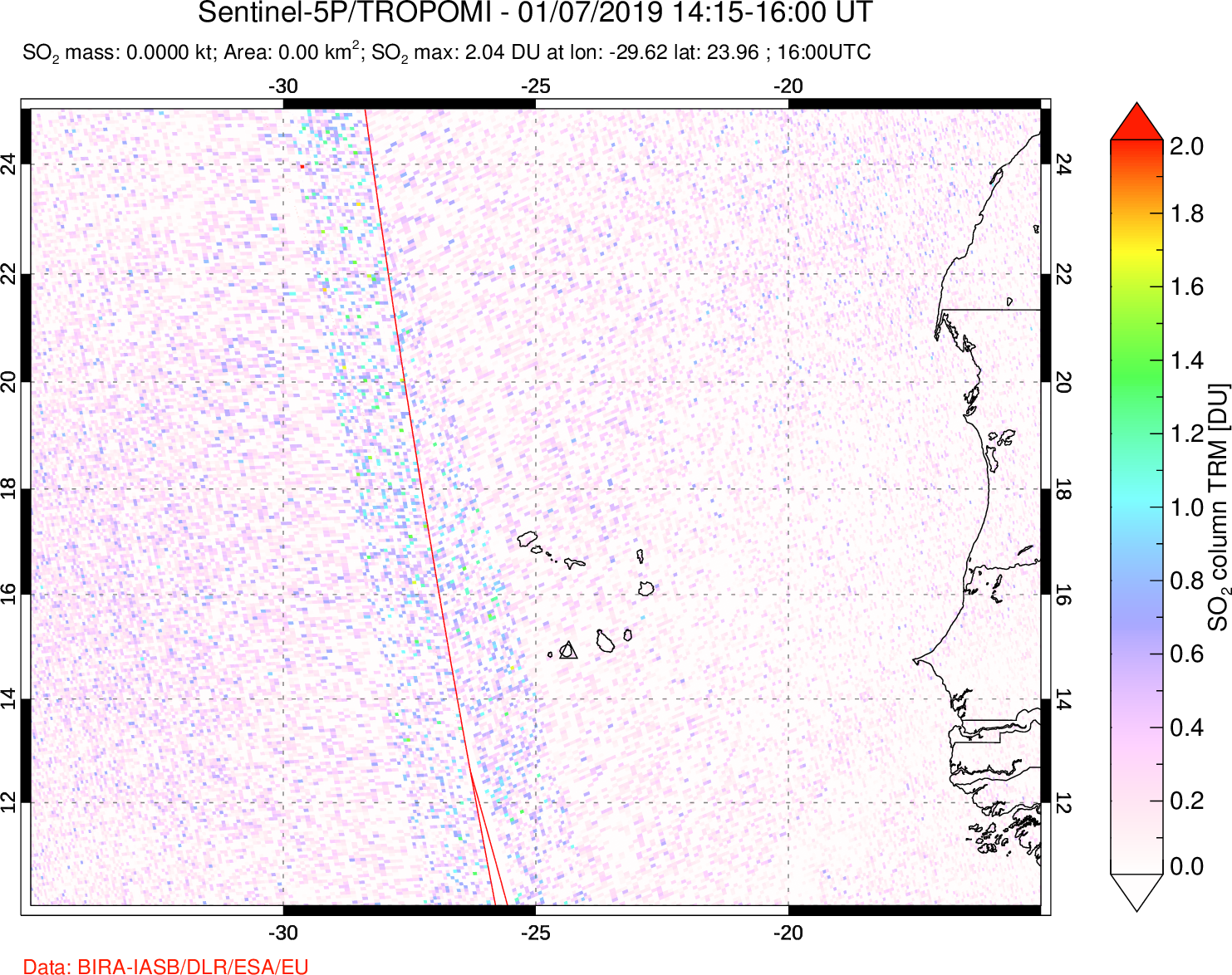A sulfur dioxide image over Cape Verde Islands on Jan 07, 2019.