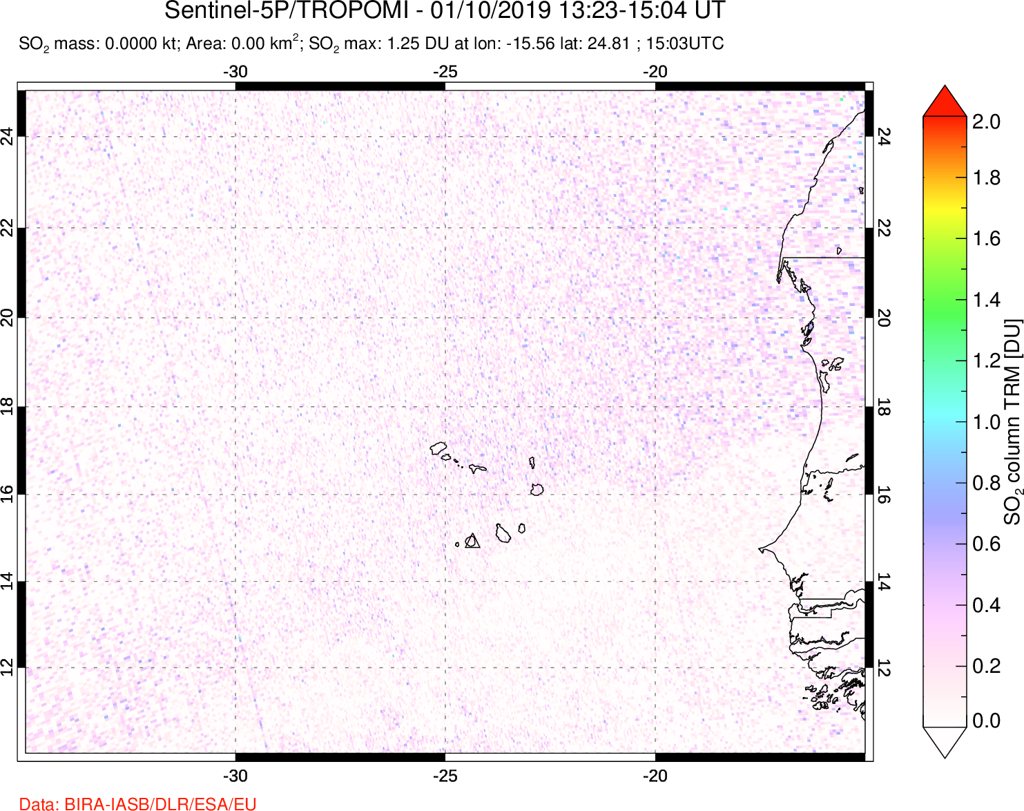 A sulfur dioxide image over Cape Verde Islands on Jan 10, 2019.