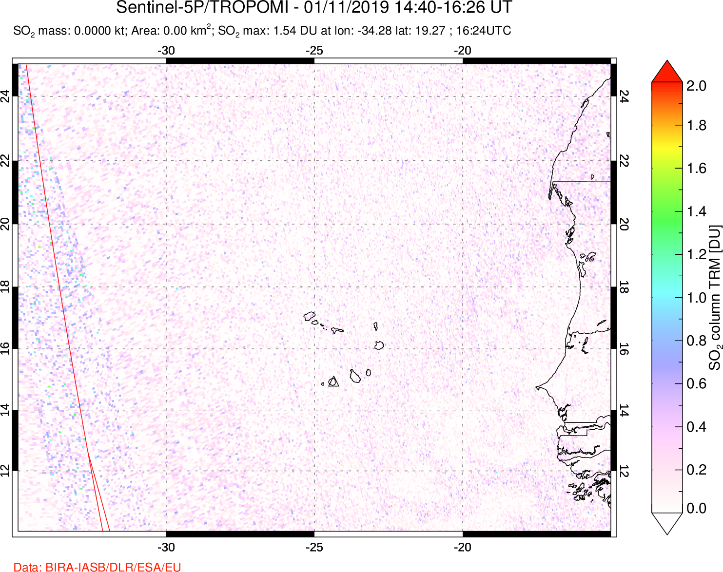 A sulfur dioxide image over Cape Verde Islands on Jan 11, 2019.