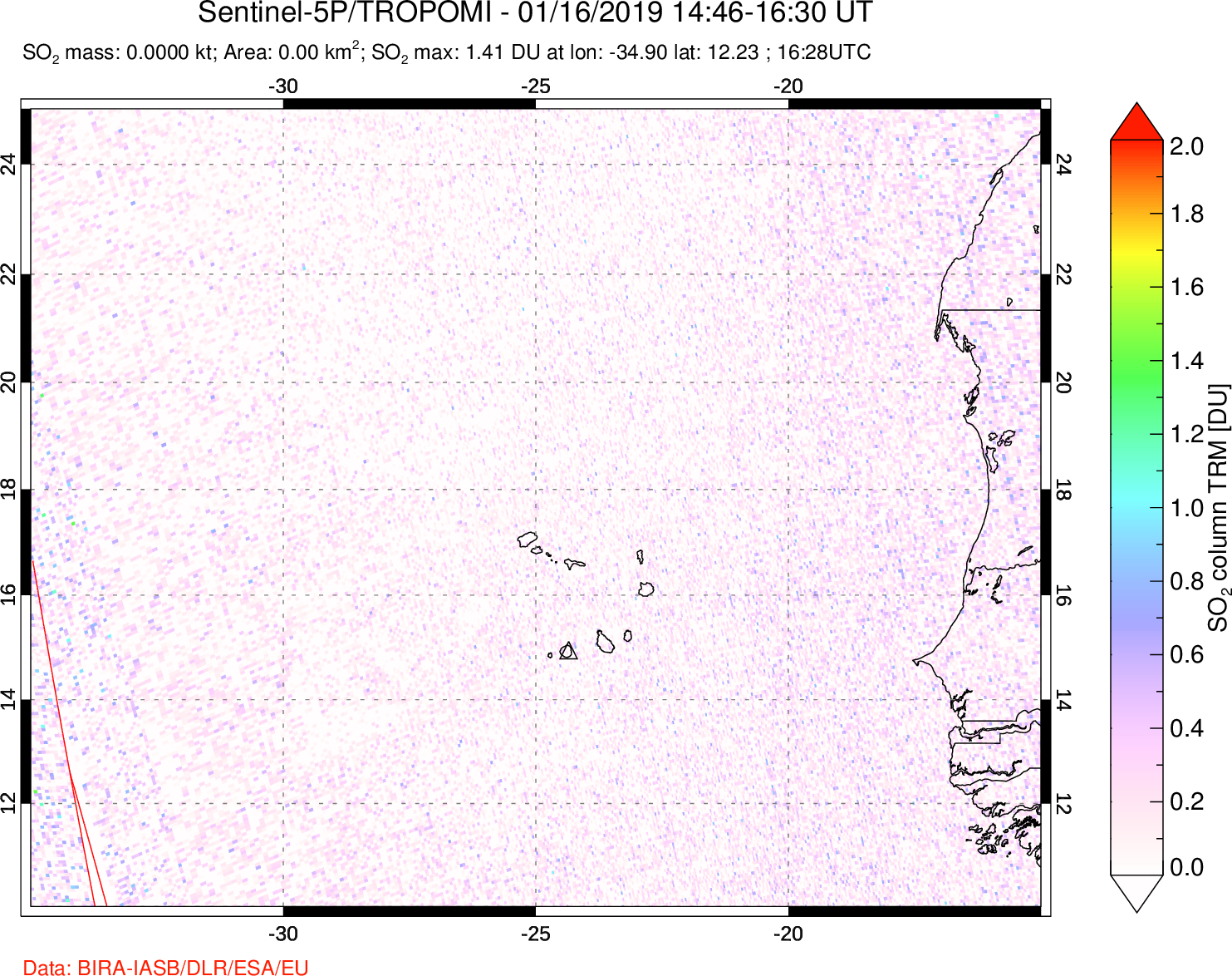 A sulfur dioxide image over Cape Verde Islands on Jan 16, 2019.