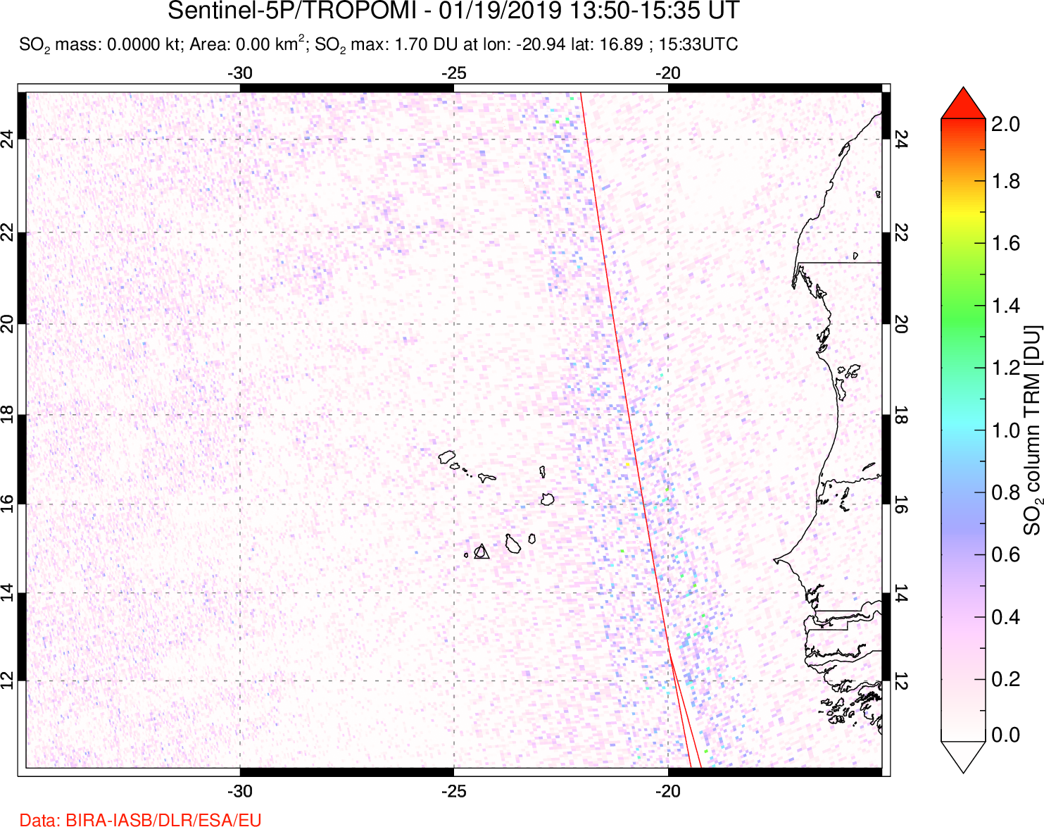 A sulfur dioxide image over Cape Verde Islands on Jan 19, 2019.