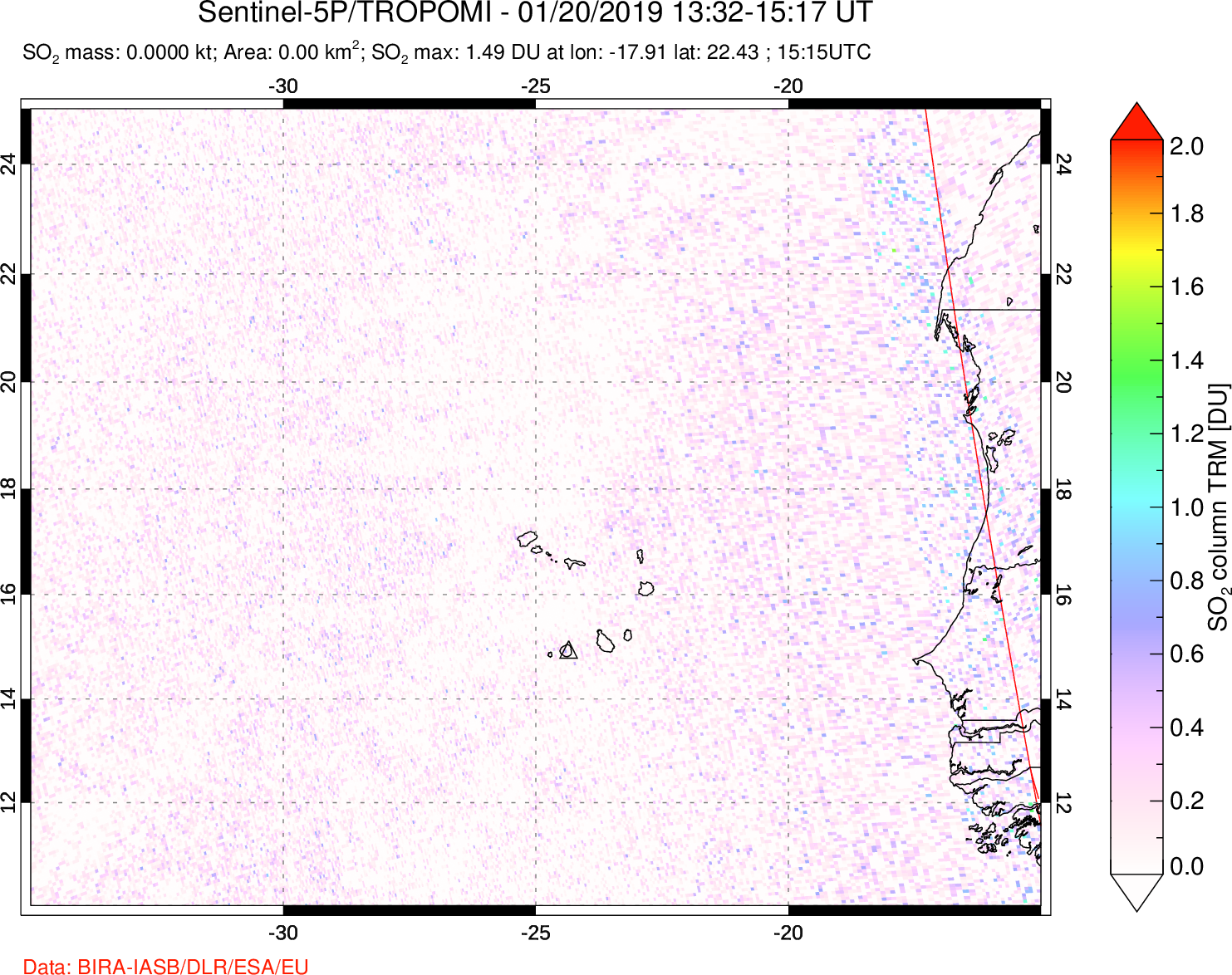 A sulfur dioxide image over Cape Verde Islands on Jan 20, 2019.