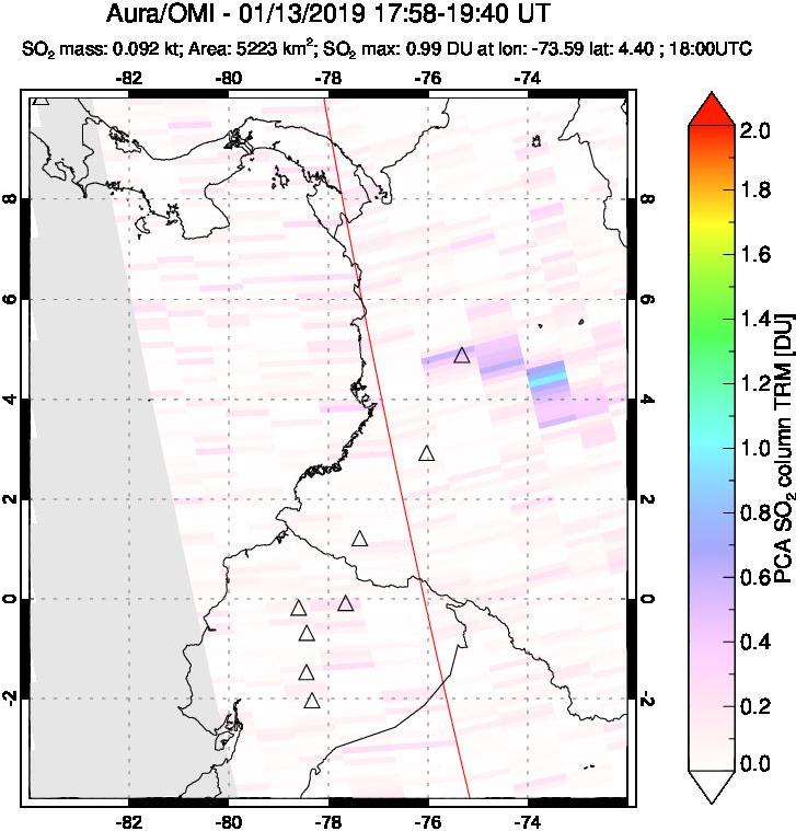 A sulfur dioxide image over Ecuador on Jan 13, 2019.