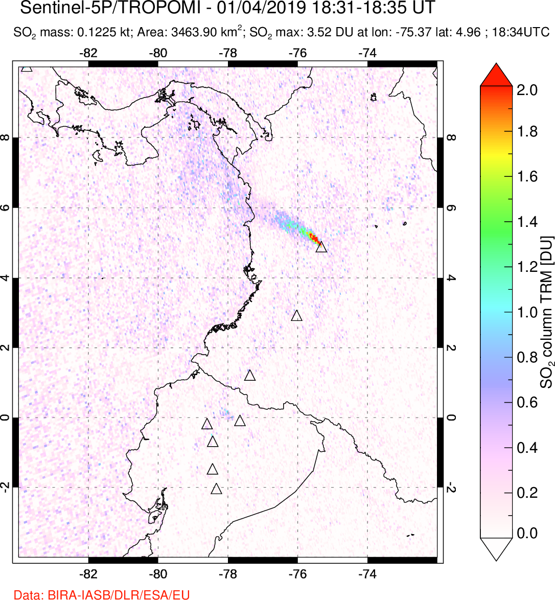A sulfur dioxide image over Ecuador on Jan 04, 2019.